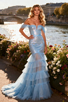 Load image into Gallery viewer, Sparkly Sky Blue Mermaid Tiered Long Corset Prom Dress with Sequin
