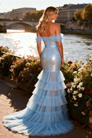 Load image into Gallery viewer, Sparkly Sky Blue Mermaid Tiered Long Corset Prom Dress with Sequin