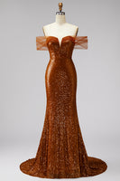 Load image into Gallery viewer, Sparkly Bronze Off the Shoulder Mermaid Long Prom Dress with Sequin