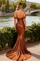 Load image into Gallery viewer, Sparkly Bronze Off the Shoulder Mermaid Long Prom Dress with Sequin