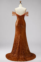 Load image into Gallery viewer, Sparkly Bronze Off the Shoulder Mermaid Long Prom Dress with Sequin