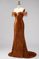 Load image into Gallery viewer, Sparkly Bronze Off the Shoulder Mermaid Long Prom Dress with Sequin