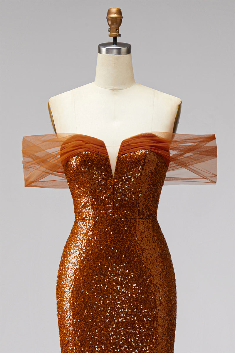 Load image into Gallery viewer, Sparkly Bronze Off the Shoulder Mermaid Long Prom Dress with Sequin