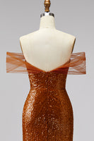 Load image into Gallery viewer, Sparkly Bronze Off the Shoulder Mermaid Long Prom Dress with Sequin