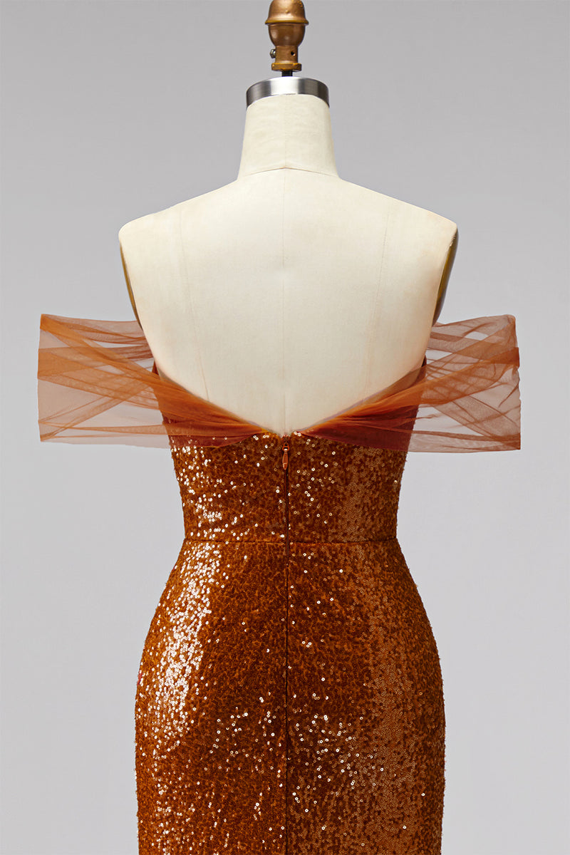 Load image into Gallery viewer, Sparkly Bronze Off the Shoulder Mermaid Long Prom Dress with Sequin