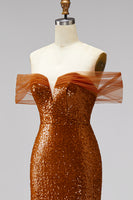 Load image into Gallery viewer, Sparkly Bronze Off the Shoulder Mermaid Long Prom Dress with Sequin