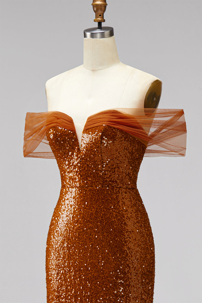 Load image into Gallery viewer, Sparkly Bronze Off the Shoulder Mermaid Long Prom Dress with Sequin