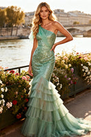 Load image into Gallery viewer, Sparkly Sage Green Ruffled Mermaid Long Prom Dress with Sequin