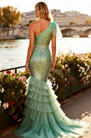 Load image into Gallery viewer, Sparkly Sage Green Ruffled Mermaid Long Prom Dress with Sequin
