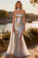 Load image into Gallery viewer, Sparkly Silver Mermaid Long Sequin Prom Dress with Slit