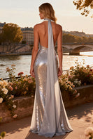Load image into Gallery viewer, Sparkly Silver Mermaid Long Sequin Prom Dress with Slit