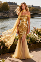 Load image into Gallery viewer, Sparkly Gold One Shoulder Mermaid Long Prom Dress with Sequin