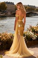 Load image into Gallery viewer, Sparkly Gold One Shoulder Mermaid Long Prom Dress with Sequin