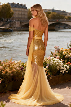 Sparkly Gold One Shoulder Mermaid Long Prom Dress with Sequin