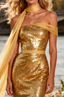Load image into Gallery viewer, Sparkly Gold One Shoulder Mermaid Long Prom Dress with Sequin