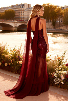 Sparkly Burgundy Mermaid Spaghetti Straps Sequin Long Prom Dress