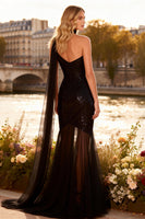 Load image into Gallery viewer, Sparkly Black Mermaid Neck Scarf Long Prom Dress with Sequin