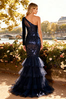 Load image into Gallery viewer, Sparkly Navy Corset Sequin Long Prom Dress with Ruffles