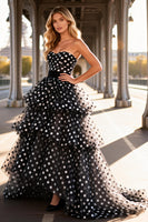 Load image into Gallery viewer, Black and White Polka Dots Tulle Maxi Prom Dress with Ruffles