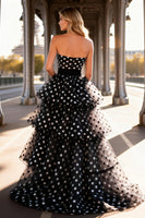 Load image into Gallery viewer, Black and White Polka Dots Tulle Maxi Prom Dress with Ruffles