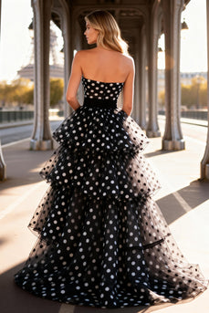 Black and White Polka Dots Tulle Maxi Prom Dress with Ruffles