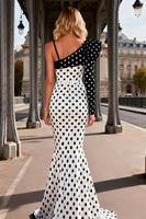 Load image into Gallery viewer, Black and White Polka Dots Mermaid Long Satin Prom Dress with Slit