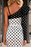 Load image into Gallery viewer, Black and White Polka Dots Mermaid Long Satin Prom Dress with Slit