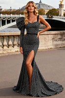 Load image into Gallery viewer, Black and White Polka Dots Long Mermaid Prom Dress with Slit