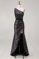 Load image into Gallery viewer, Black and White Polka Dots Long Satin Prom Dress with Slit