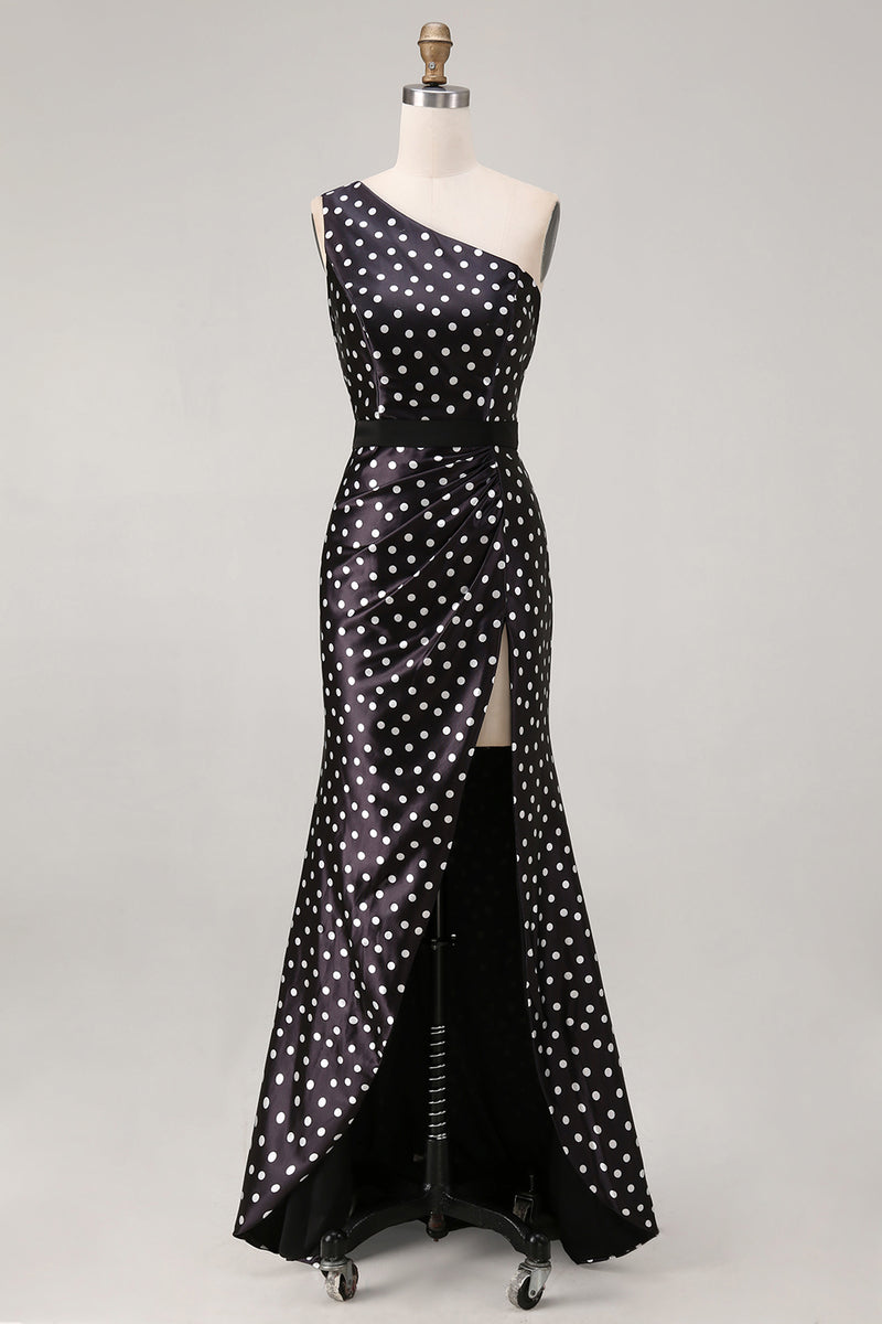 Load image into Gallery viewer, Black and White Polka Dots Long Satin Prom Dress with Slit