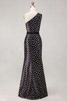 Load image into Gallery viewer, Black and White Polka Dots Long Satin Prom Dress with Slit