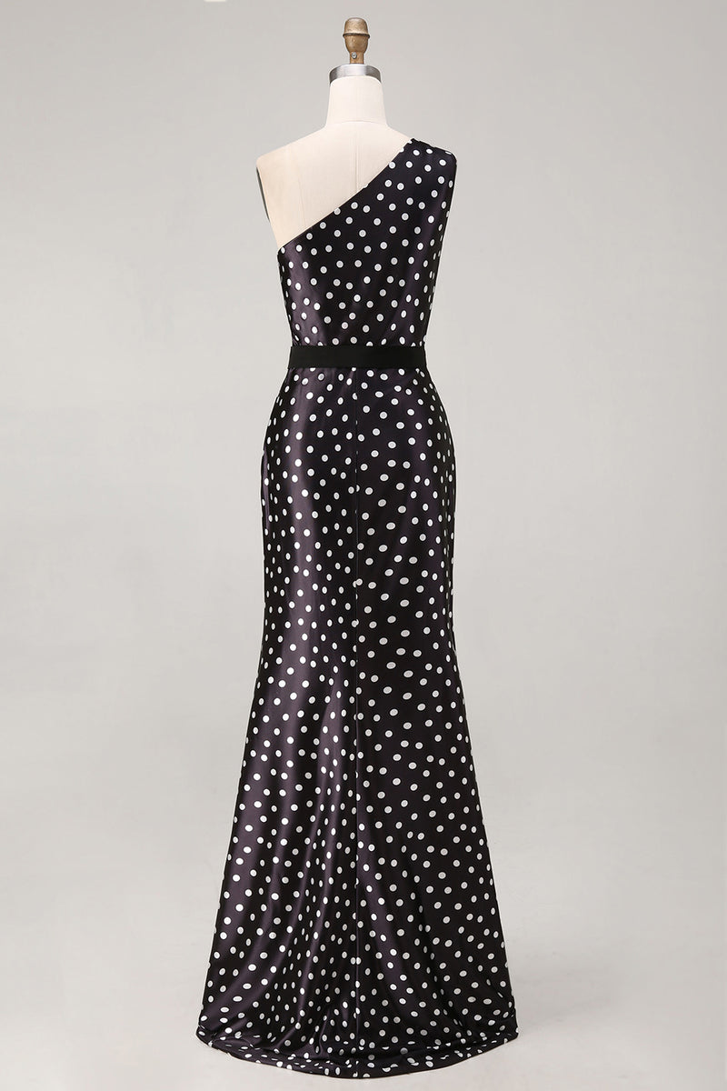 Load image into Gallery viewer, Black and White Polka Dots Long Satin Prom Dress with Slit