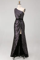 Load image into Gallery viewer, Black and White Polka Dots Long Satin Prom Dress with Slit
