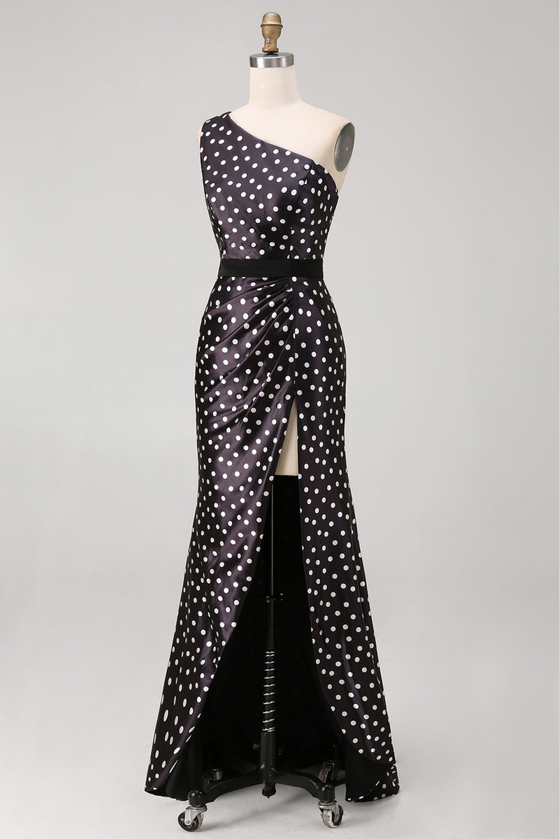 Load image into Gallery viewer, Black and White Polka Dots Long Satin Prom Dress with Slit