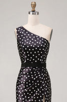 Load image into Gallery viewer, Black and White Polka Dots Long Satin Prom Dress with Slit