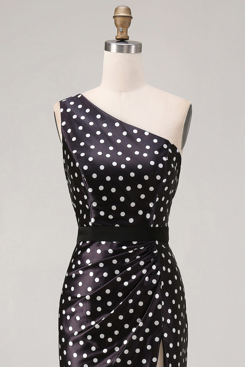 Load image into Gallery viewer, Black and White Polka Dots Long Satin Prom Dress with Slit