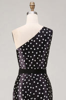 Load image into Gallery viewer, Black and White Polka Dots Long Satin Prom Dress with Slit