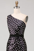 Load image into Gallery viewer, Black and White Polka Dots Long Satin Prom Dress with Slit