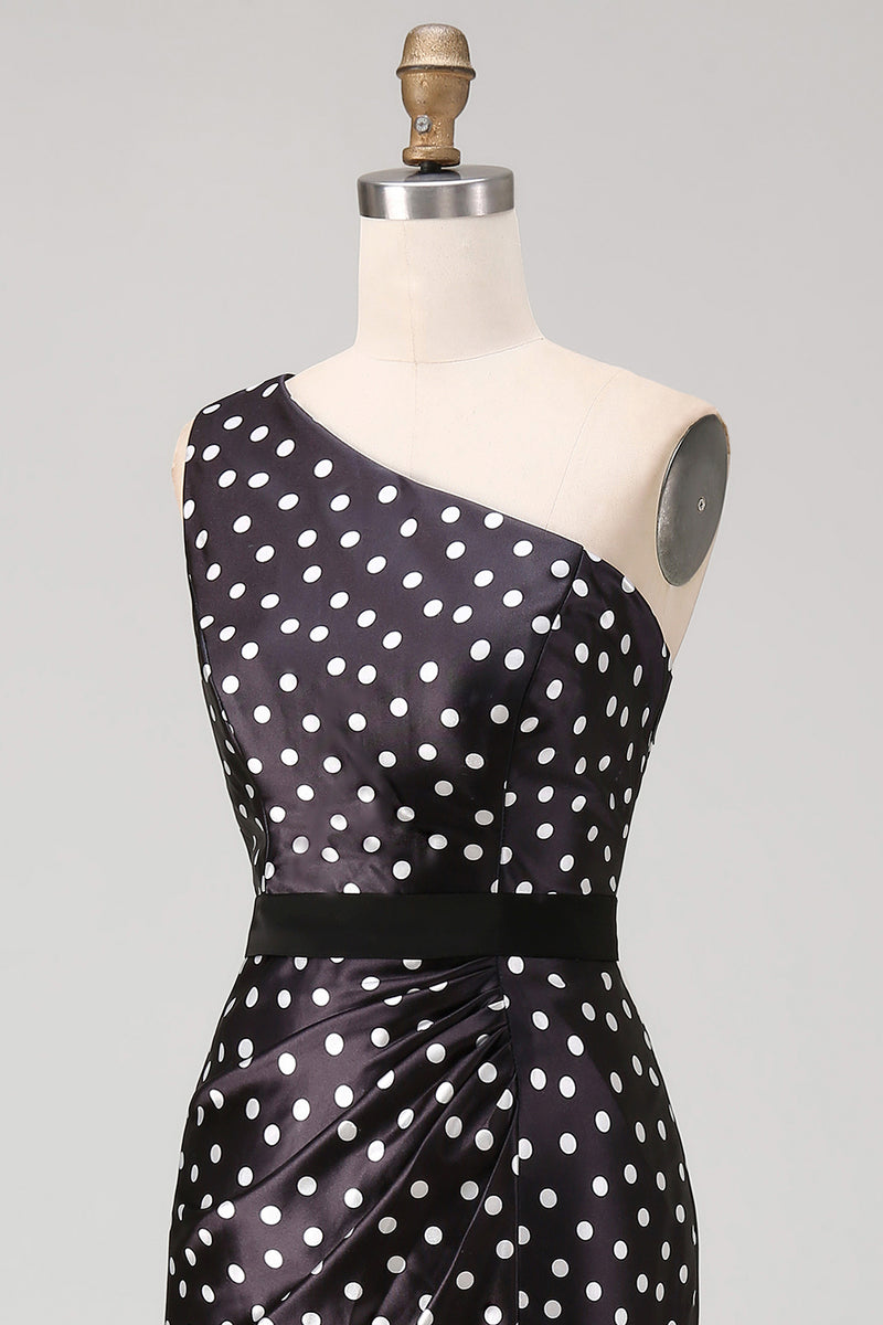 Load image into Gallery viewer, Black and White Polka Dots Long Satin Prom Dress with Slit