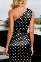 Load image into Gallery viewer, Black and White Polka Dots Long Satin Prom Dress with Slit