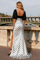 Load image into Gallery viewer, Black and White Polka Dots Long Satin Prom Dress with Sleeves