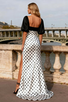Black and White Polka Dots Long Satin Prom Dress with Sleeves