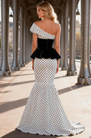 Load image into Gallery viewer, Black and White Polka Dots Mermaid Asymmetrical Satin Long Prom Dress