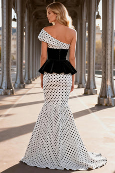Black and White Polka Dots Mermaid Asymmetrical Satin Long Prom Dress