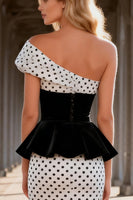 Load image into Gallery viewer, Black and White Polka Dots Mermaid Asymmetrical Satin Long Prom Dress