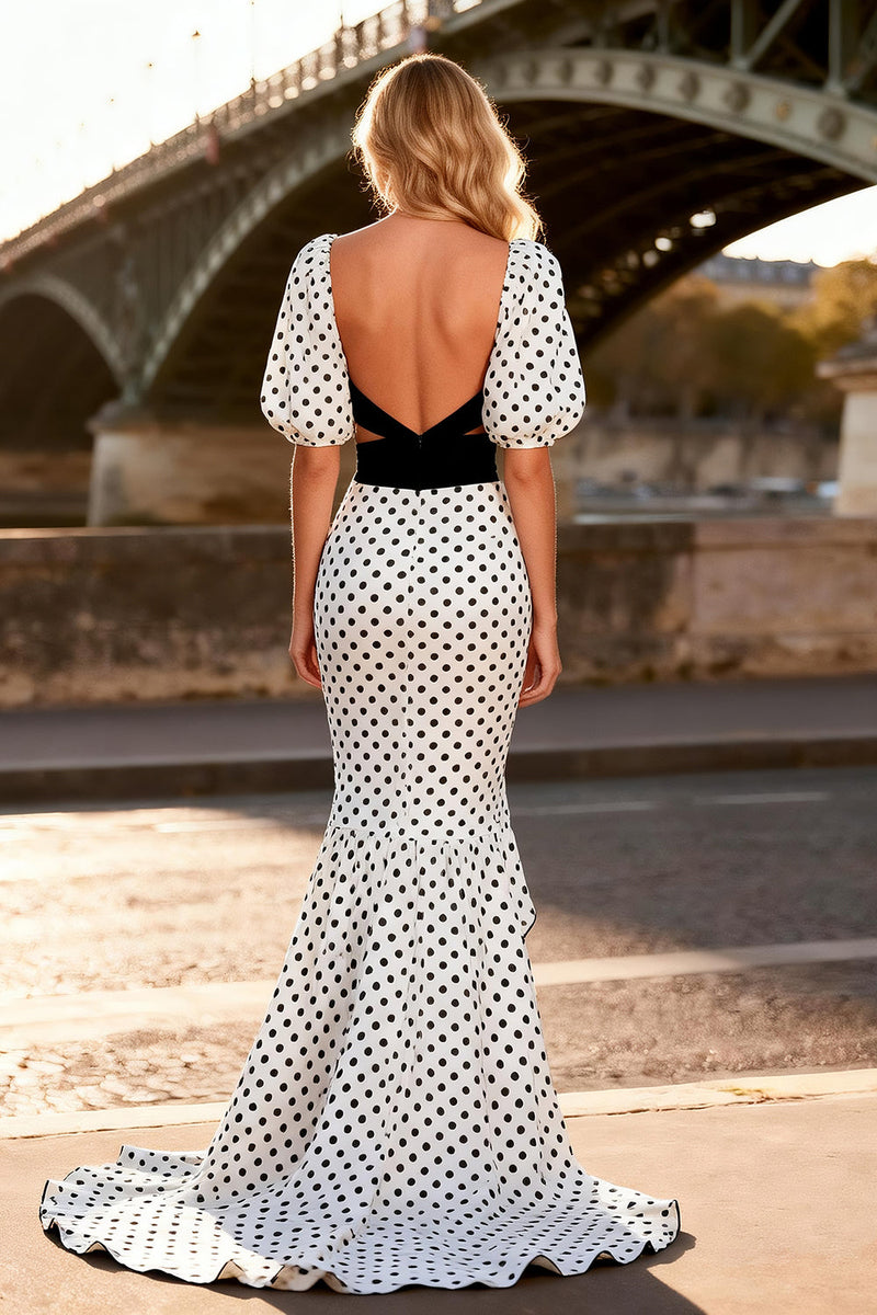 Load image into Gallery viewer, Black and White Polka Dots Puff Sleeves Mermaid Long Prom Dress with Slit