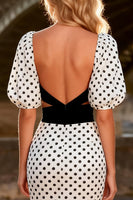 Load image into Gallery viewer, Black and White Polka Dots Puff Sleeves Mermaid Long Prom Dress with Slit