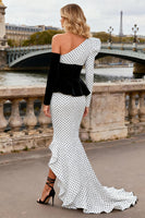 Load image into Gallery viewer, Black and White Polka Dots Satin Long Mermaid Prom Dress with Sleeves