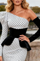 Load image into Gallery viewer, Black and White Polka Dots Satin Long Mermaid Prom Dress with Sleeves