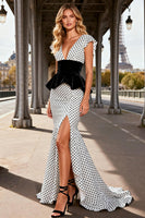 Load image into Gallery viewer, Black and White Polka Dots V-Neck Long Satin Prom Dress with Slit